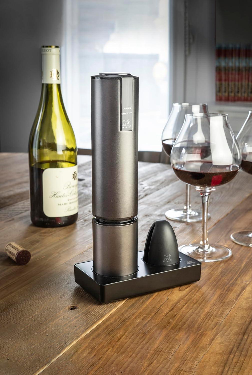 image:imagePeugeot Elis Touch Electric Corkscrew Rechargeable Bottle Opener with Battery and Charging Base Stainless Steel 106 inchesDark Gray
